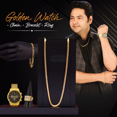 Golden Watch + Chain + Bracelet + Ring (MGWCBR12)