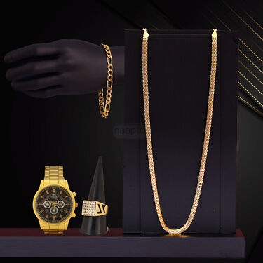 Golden Watch + Chain + Bracelet + Ring (MGWCBR12)