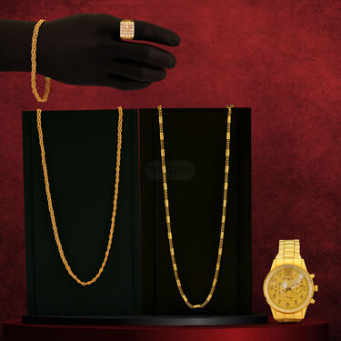Golden Watch + 2 Chain + Bracelet + Ring (MGW2CBR5)