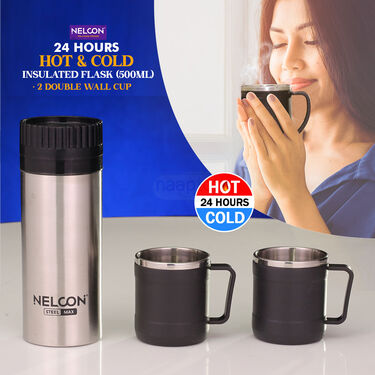 Hot Or Cold Insulated Flask (500 ml) + 2 Double Wall Cup (1F2C4)