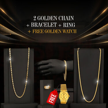 2 Golden Chain + Bracelet + Diamond Ring + Free Watch (2GCBRW15)