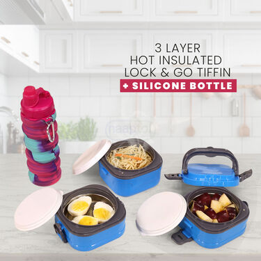 3 Layer Hot Insulated Tiffin with Silicone Folding Water Bottle (3LTSFB)