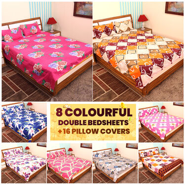 Pack Of 8 Multi Colour Double Bed Sheets With 16 Pillow Covers (8BS54)