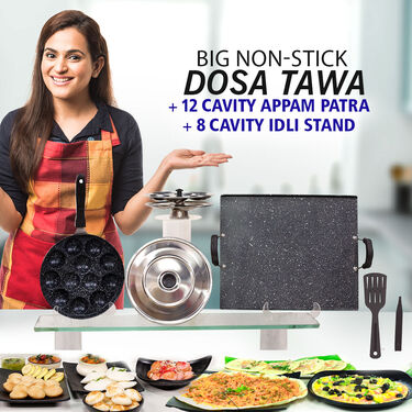 Big Non-stick Dosa Tava + 12 Cavity Appam Patra + 8 Cavity Idli Stand (1PT1AP1)