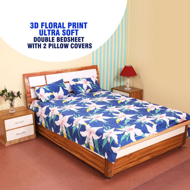 Blue Base With Pink Floral Double Bed Sheet Set (DBS7)