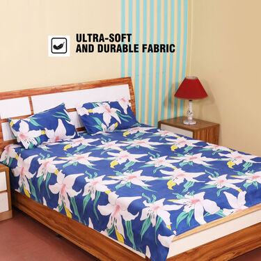 Blue Base With Pink Floral Double Bed Sheet Set (DBS7)