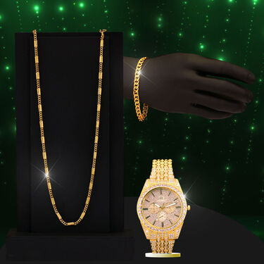 Golden Austrian Diamond Watch + Chain + Bracelet (MGWCB8)