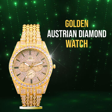 Golden Austrian Diamond Watch + Chain + Bracelet (MGWCB8)