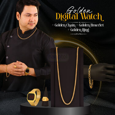 Golden Digital Watch + Chain + Bracelet + Ring  (MGWCBR17)