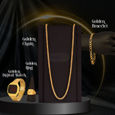 Golden Digital Watch + Chain + Bracelet + Ring  (MGWCBR17)