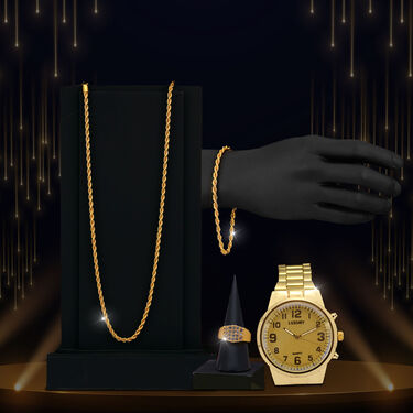 Golden Watch with Golden Chain + Bracelet + Ring (MGWCBR8)