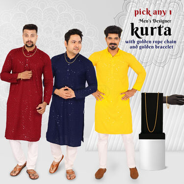 Mens Kurta with Golden Rope Chain And Bracelet Pick Any 1 (K1L3)