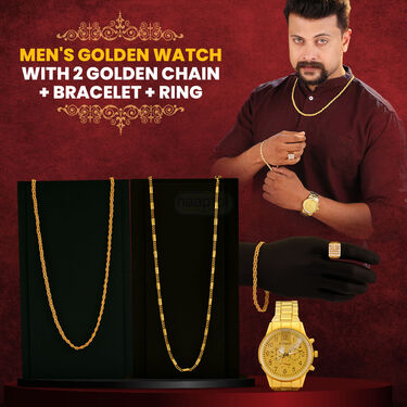 Golden Watch + 2 Chain + Bracelet + Ring  (MGW2CBR5)