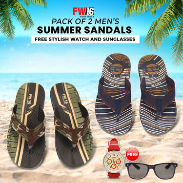 Pack of 2 Men's Summer Sandals + Free Stylish Watch & Sunglasses (SW82)