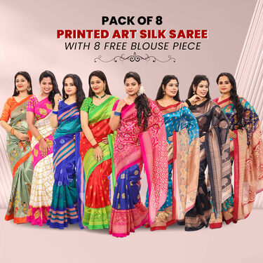 Pack of 8 Printed Art Silk Sarees with 8 Free Blouse Piece (8AS7)