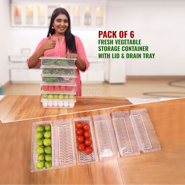 Pack of 6 Veggie Fresh Food Storage Container with Lid & Drain Tray (6VF1)