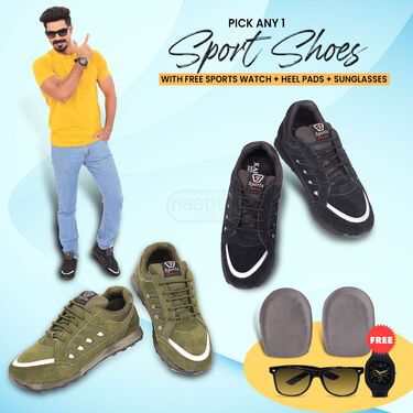 Pick Any 1 Sports Shoes With Heel Pads + Free Stylish Watch & Sunglasses (SSC1)