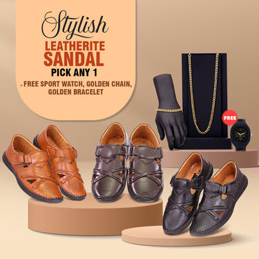 Stylish Leatherite Sandals Pick Any 1 + Free Sports Watch + Golden Chain + Golden Bracelet (SW62)