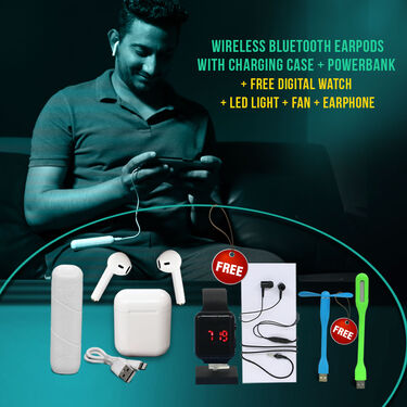 Wireless Bluetooth Earpod + Pocket Powerbank Free Wired Earphones, USB Light, Fan & Digital Watch (WPB3)